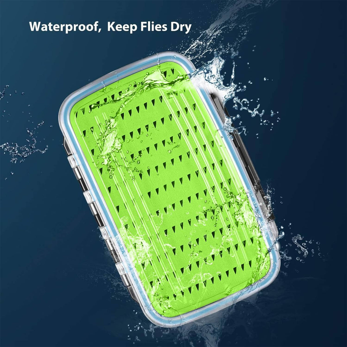 Water-resistant fly fishing tackle box with clear lid and lime foam fly insert