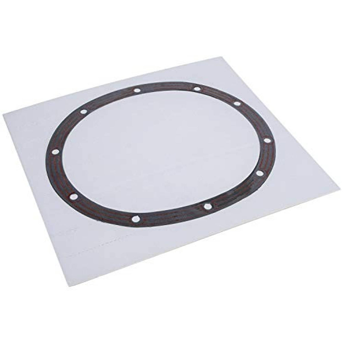 Differential cover gasket laid flat, dark rubber ring with bolt holes