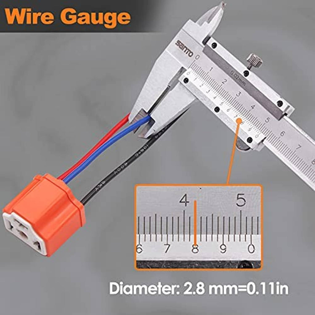 H4 female connector with orange housing and red/blue/black wires, wire gauge measurement
