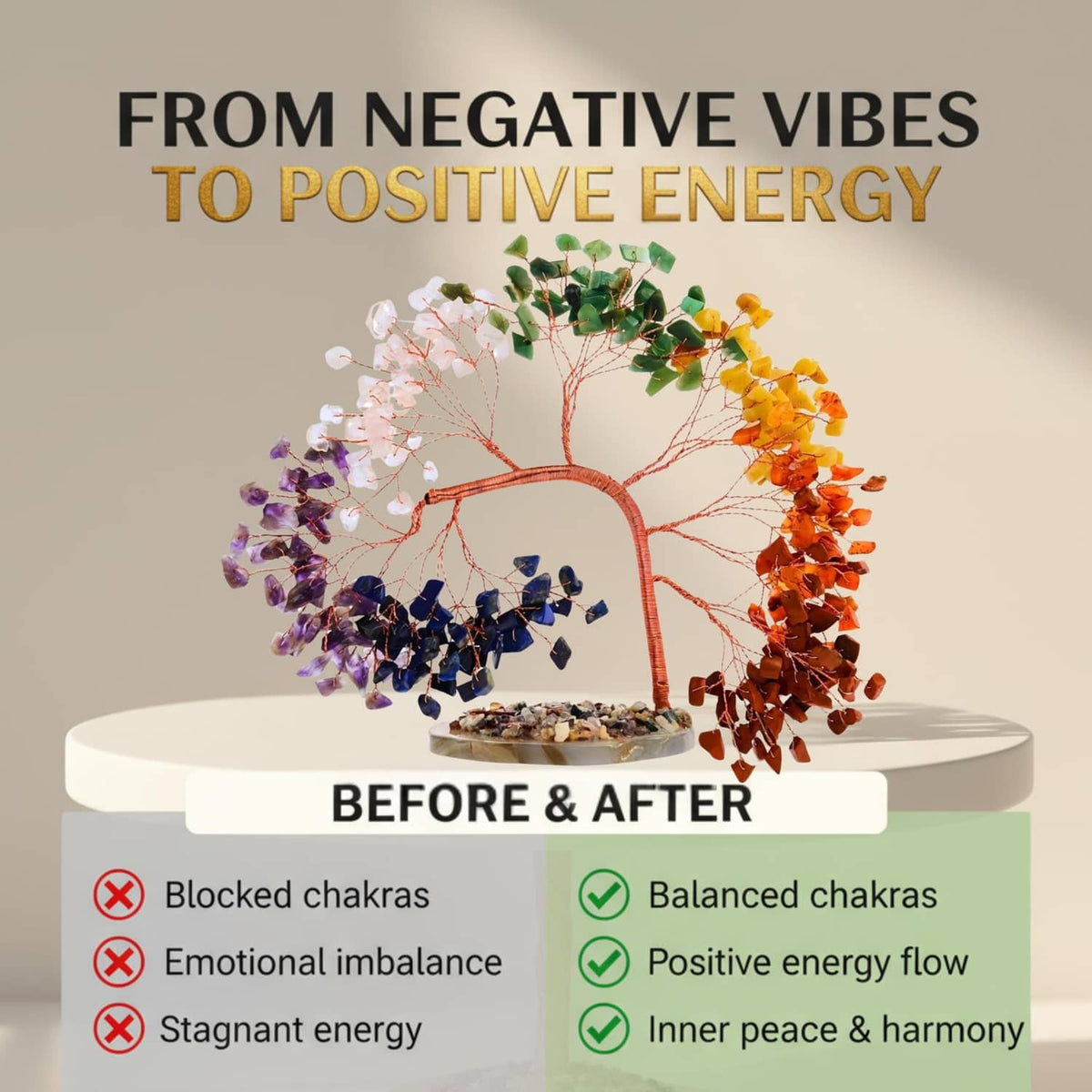 Seven chakra crystal tree sculpture with orange, purple, green, and blue branch clusters