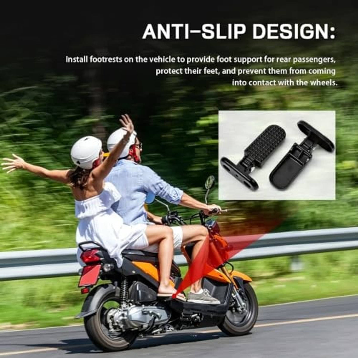 Anti-slip black footrests with textured tread pads and folding mounts