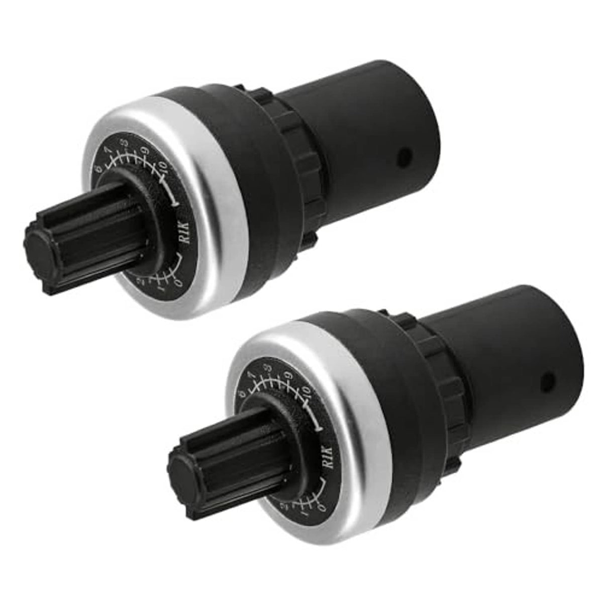 Two rotary variable speed drive potentiometers, silver ring and black body, front view
