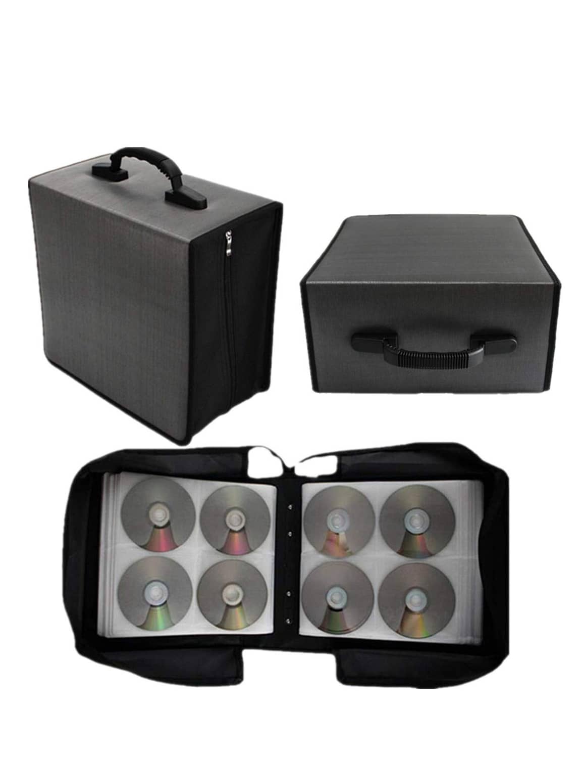 Gray CD/DVD organizer wallet opened to show two disc storage compartments