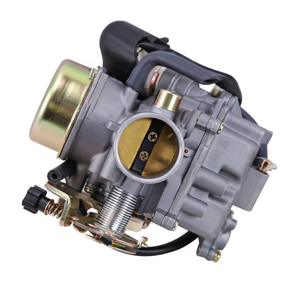 Carburetor with gray body and gold-colored throttle plate, side close-up