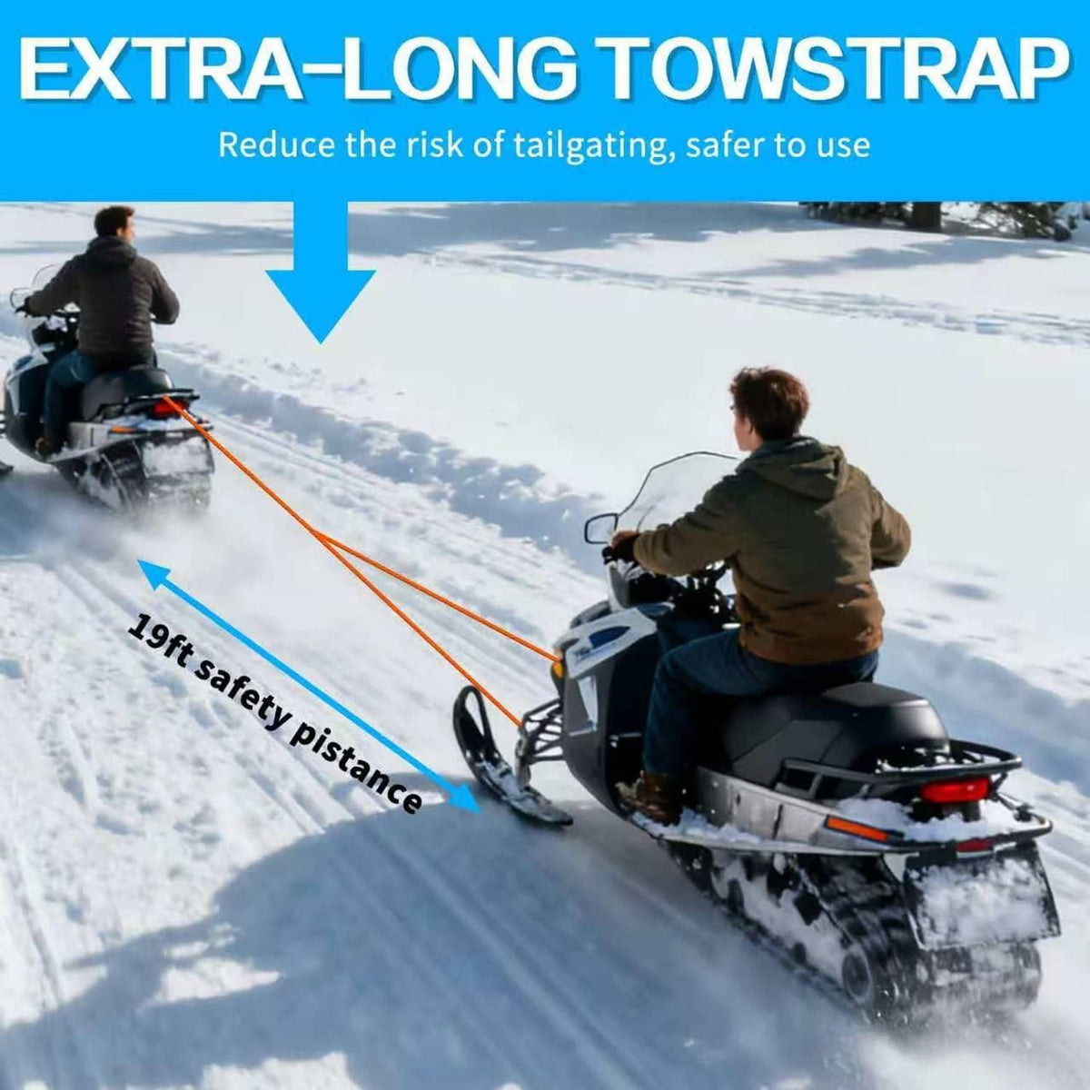 Extra-long orange tow strap set for safe snowmobile towing across snowy trails