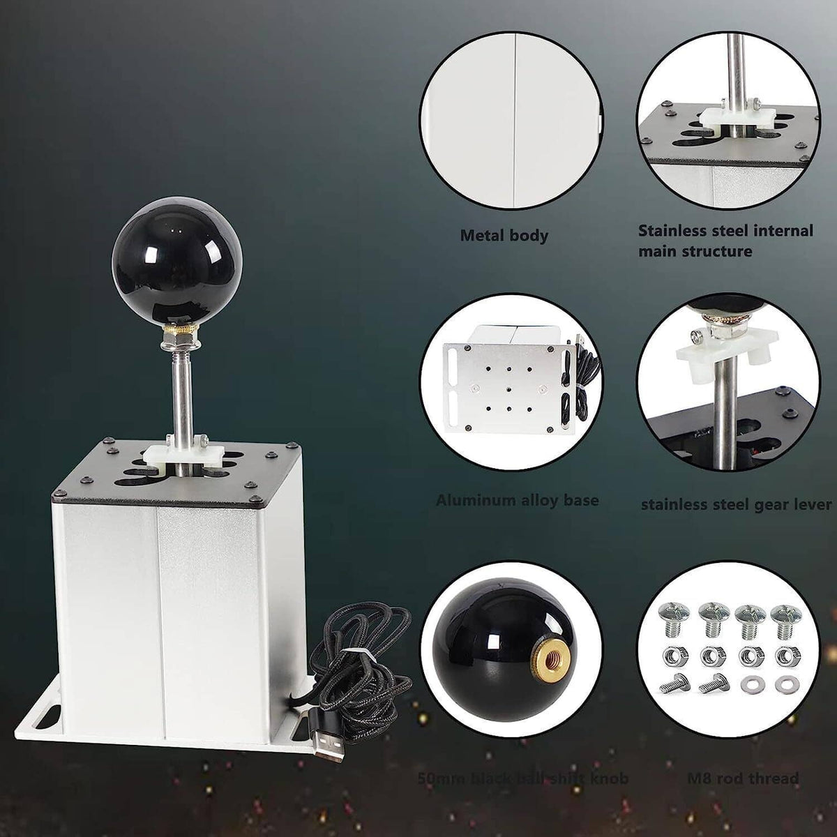 USB sim gear shifter with metal body, aluminum base, stainless lever, and hardware kit
