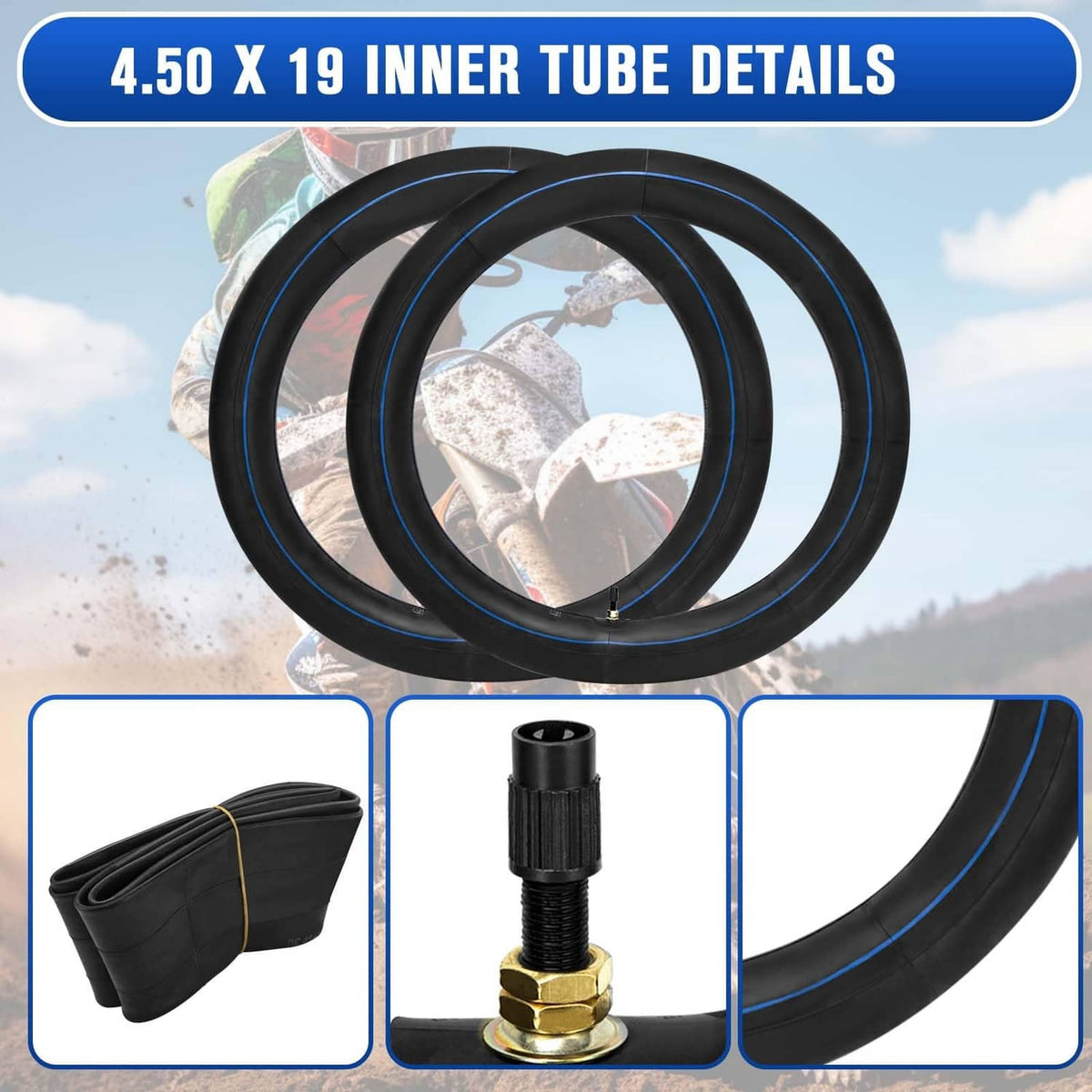 4.50 x 19 black inner tube set with blue stripe lines and brass valve stem