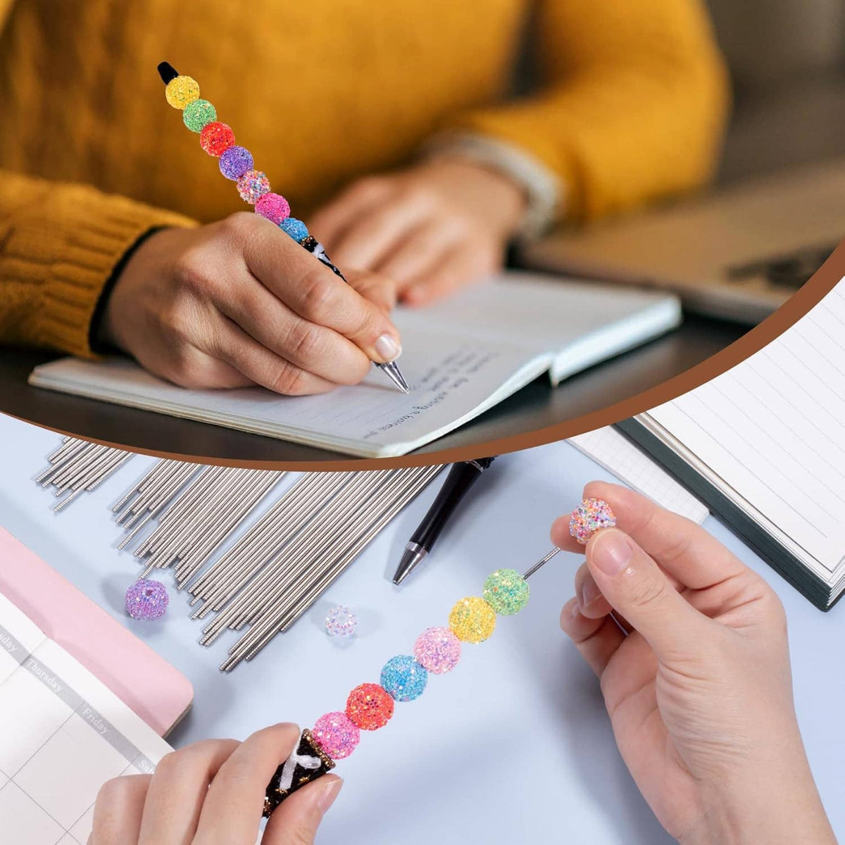 Hands using beadable pen extender rods with colorful bead segments on a desk
