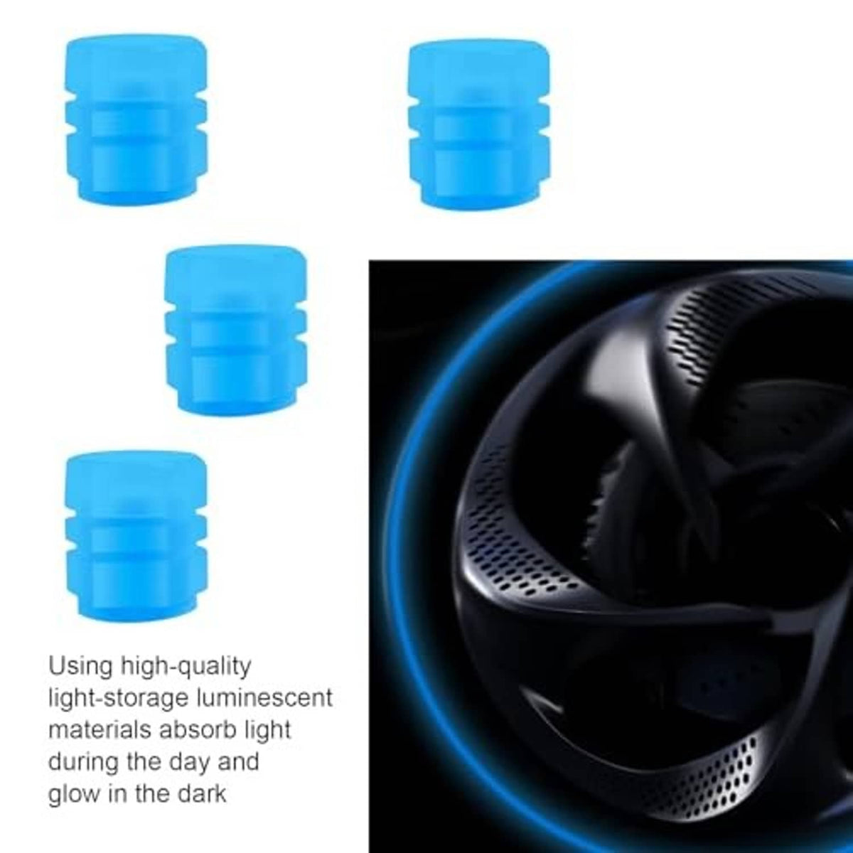 Blue glow valve stem dust caps, four-pack with close-up tire detail