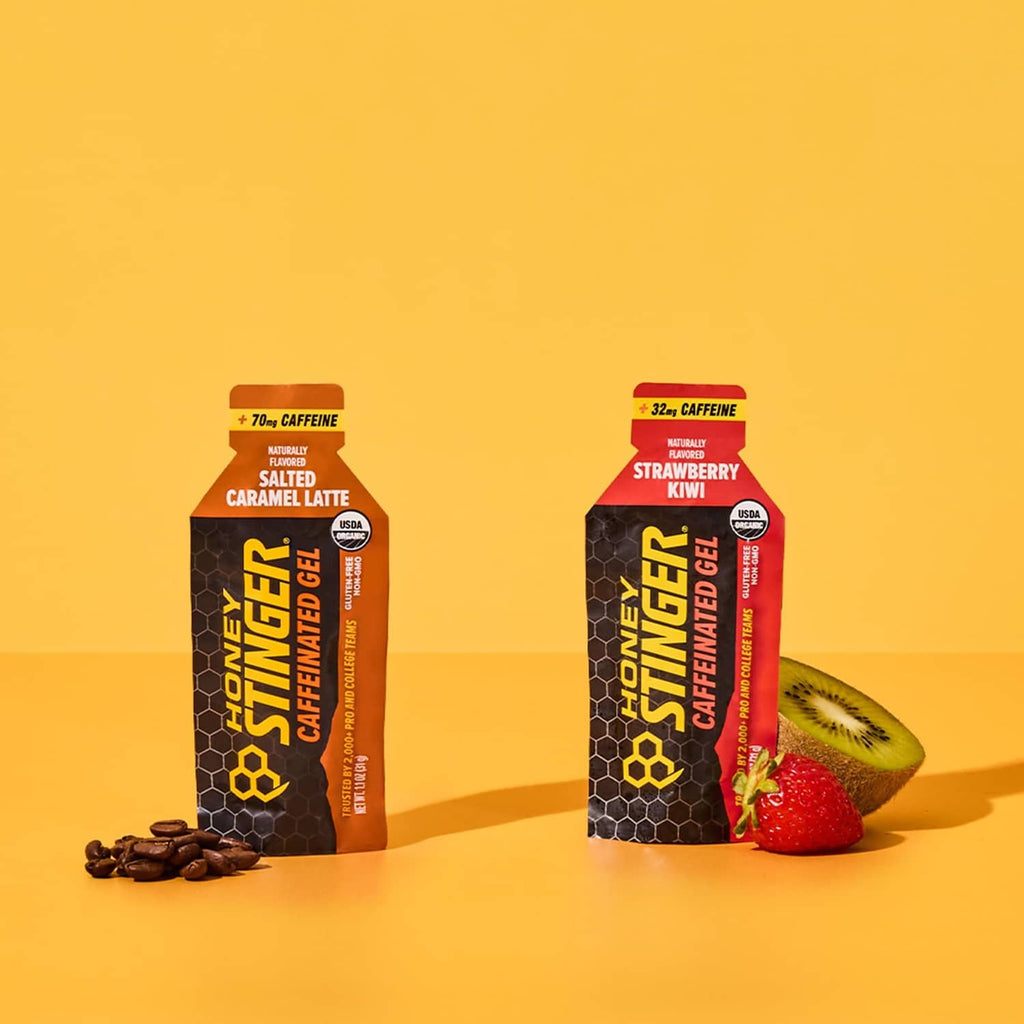 Two caffeinated energy gel pouches: Salted Caramel Latte and Strawberry Kiwi