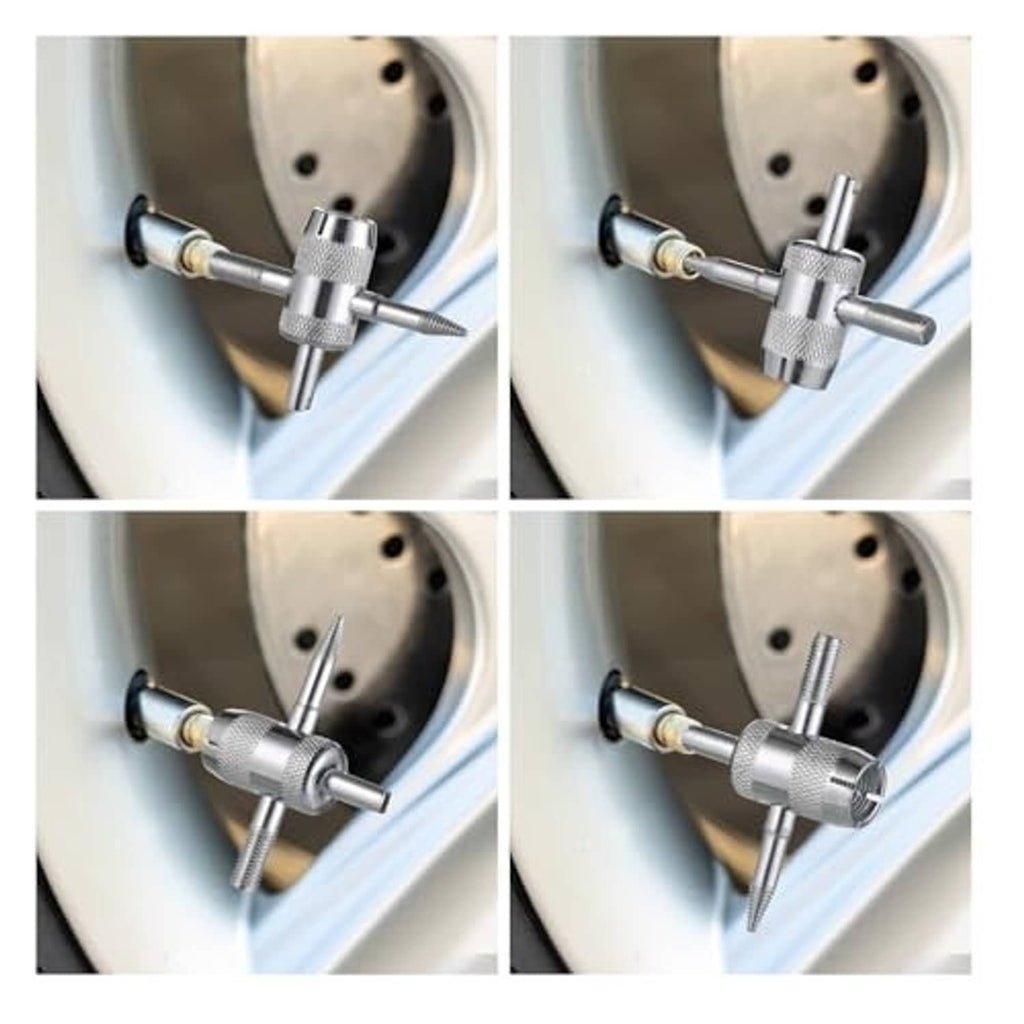 4-way tire valve core tool shown installing on a wheel valve