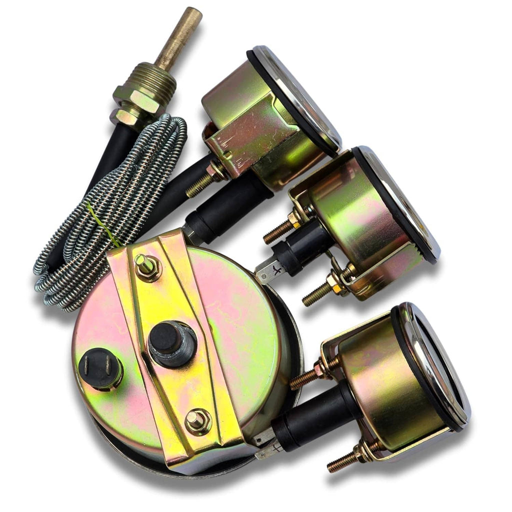 Tractor gauge set components with chrome faces, black switches, and braided wire leads