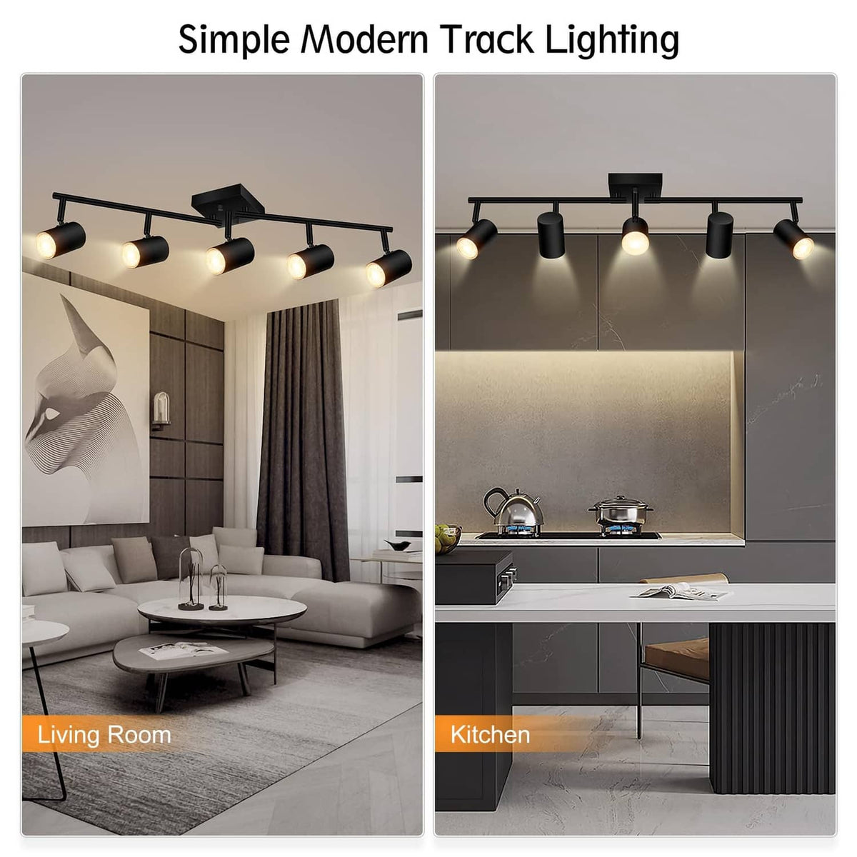 Black modern track lighting with five adjustable cylindrical spotlights on a ceiling bar