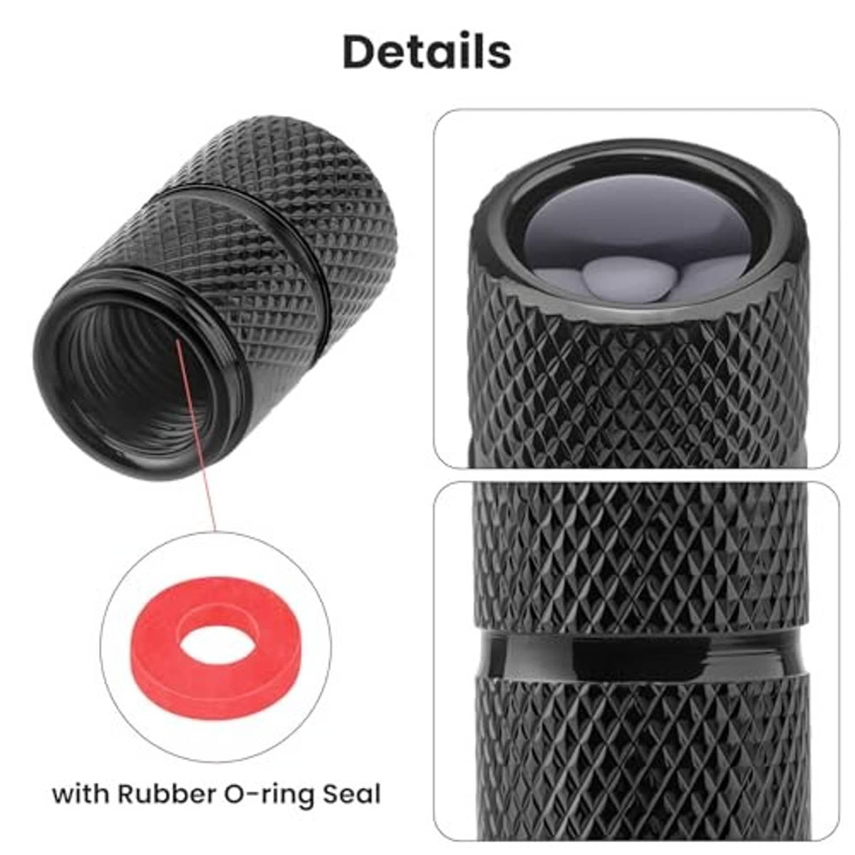Black textured aluminum tire valve stem cap with rubber O-ring seal detail
