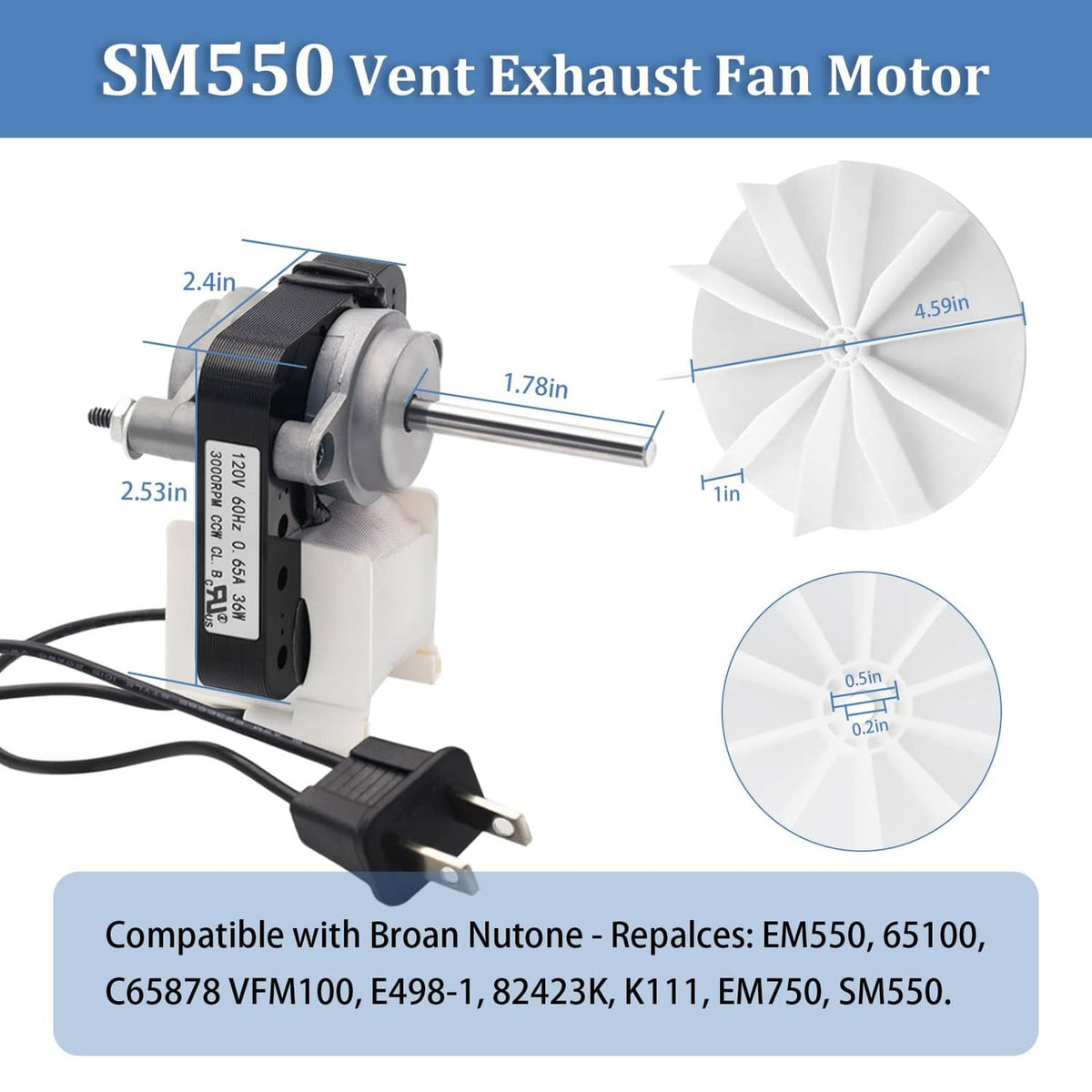 SM550 vent exhaust fan motor replacement kit with measuring diagram and fan wheel