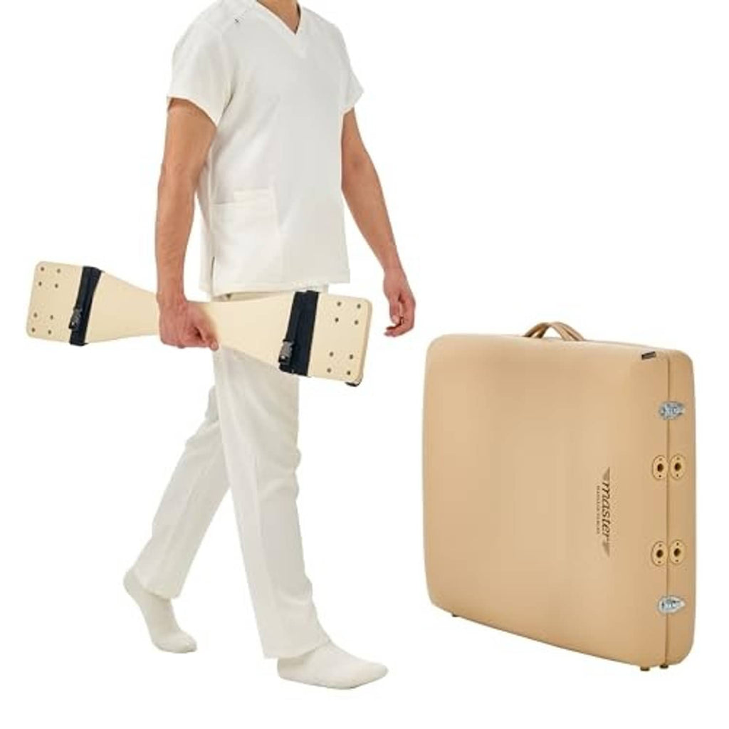 Folded beige massage table cart with black strap bands and caster ends; carried