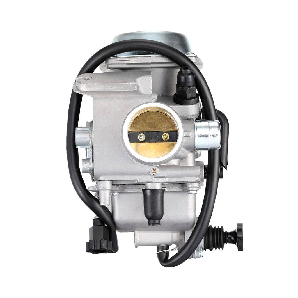 Carburetor front view with brass jet cover and thick black vacuum hoses