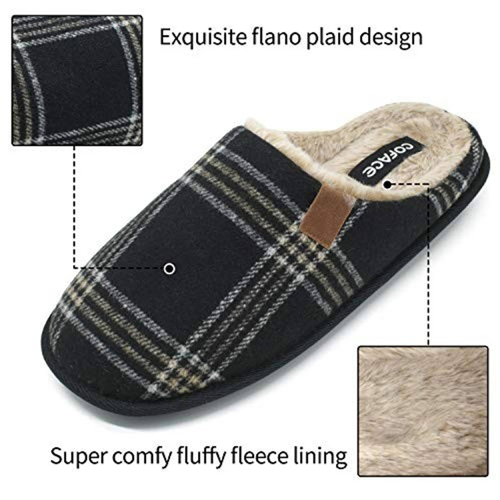 Men’s black plaid scuff slippers with tan faux-fur lining and brown strap on top