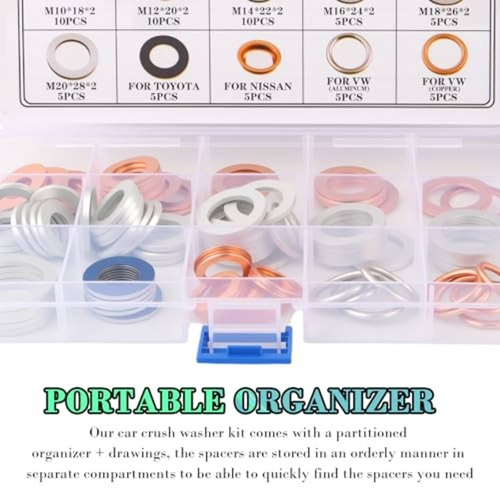 Oil drain plug gasket assortment with labeled sizes and mixed copper, silver, and black rings
