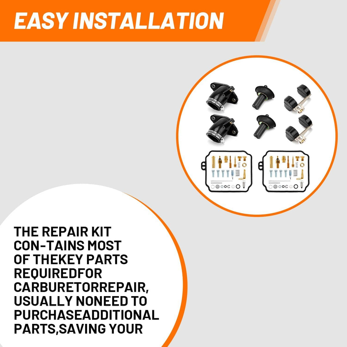 Carburetor rebuild kit components: black intake manifolds, boots, and brass jets in trays