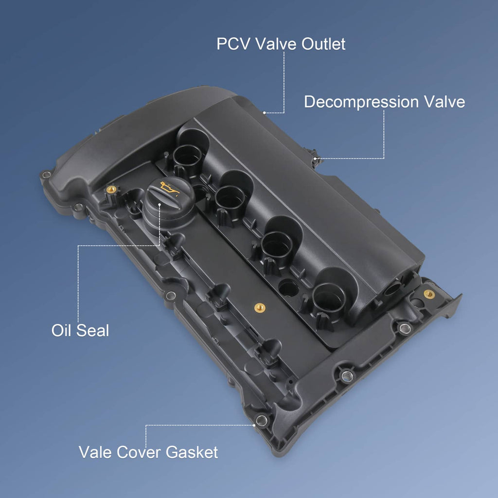 Engine valve cover with PCV components and valve cover gasket, black plastic