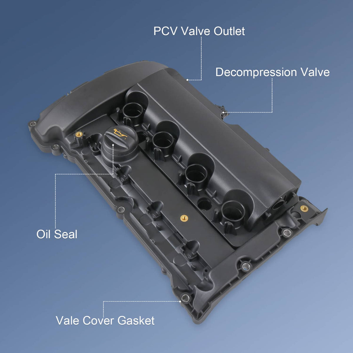 Engine valve cover with PCV components and valve cover gasket, black plastic