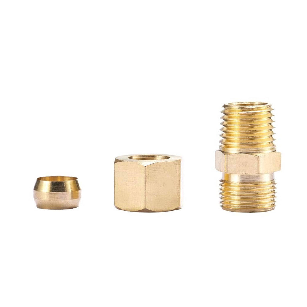 Brass compression tube fitting components: hex sleeve, male NPT fitting, and small insert