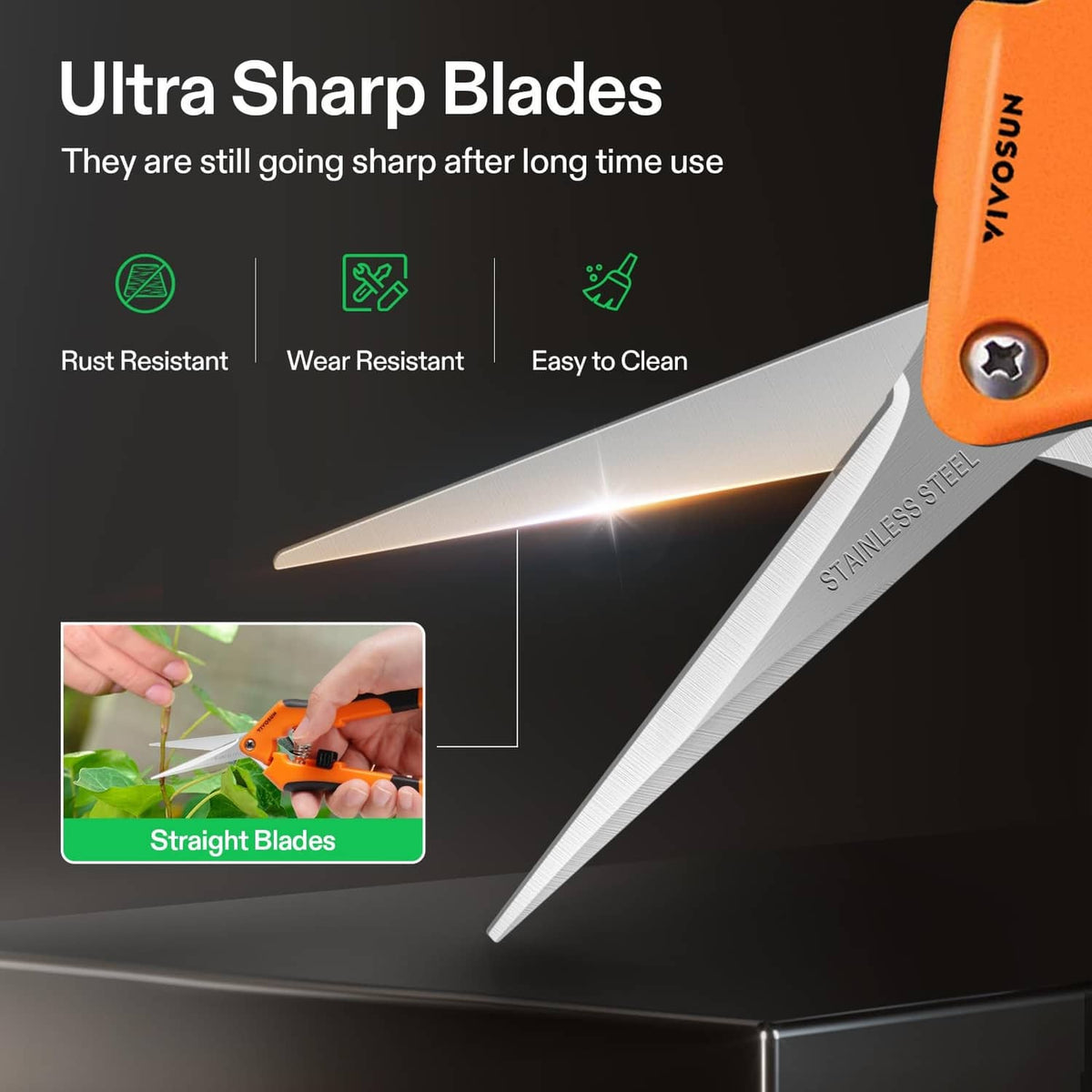 Stainless steel pruning blades on an orange gardening hand pruner with ergonomic grip