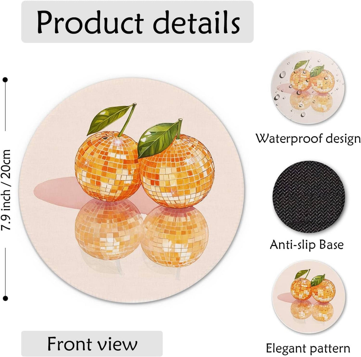 Round orange mouse pad with anti-slip base graphic and front view panel