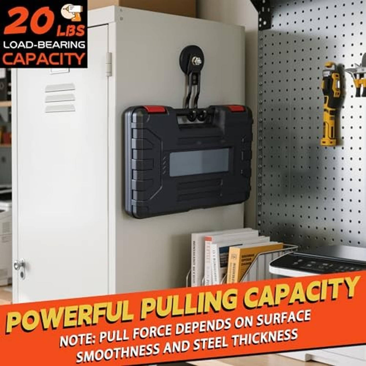 Black magnetic hook holding a power tool on a pegboard wall with double hook arms