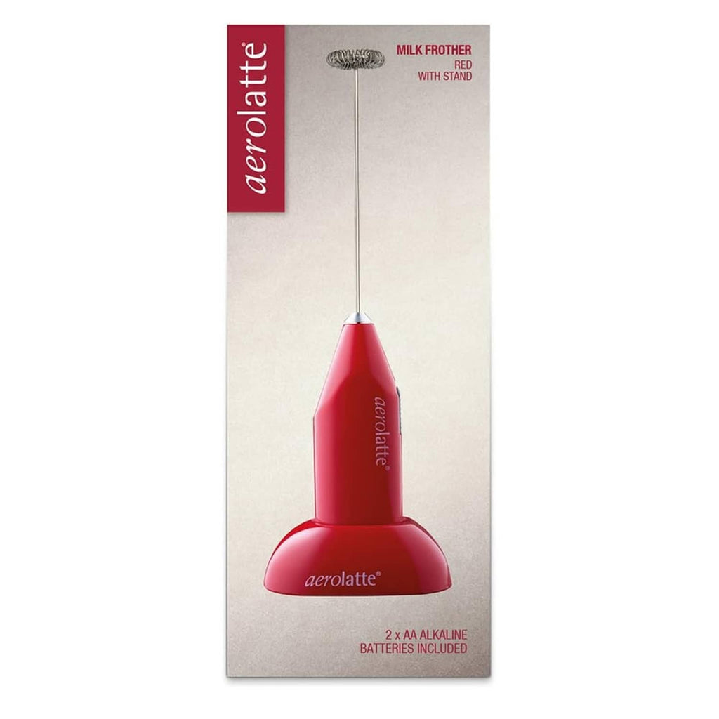Red milk frother with counter stand retail box