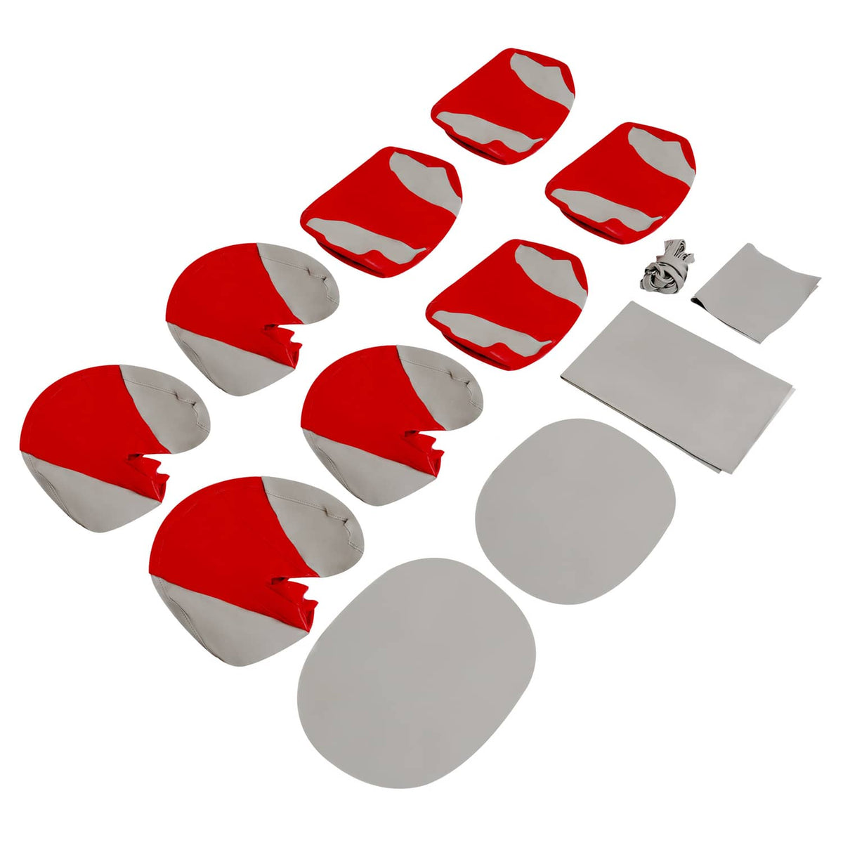 Red and gray molded seat cover components with included straps and light gray base panels