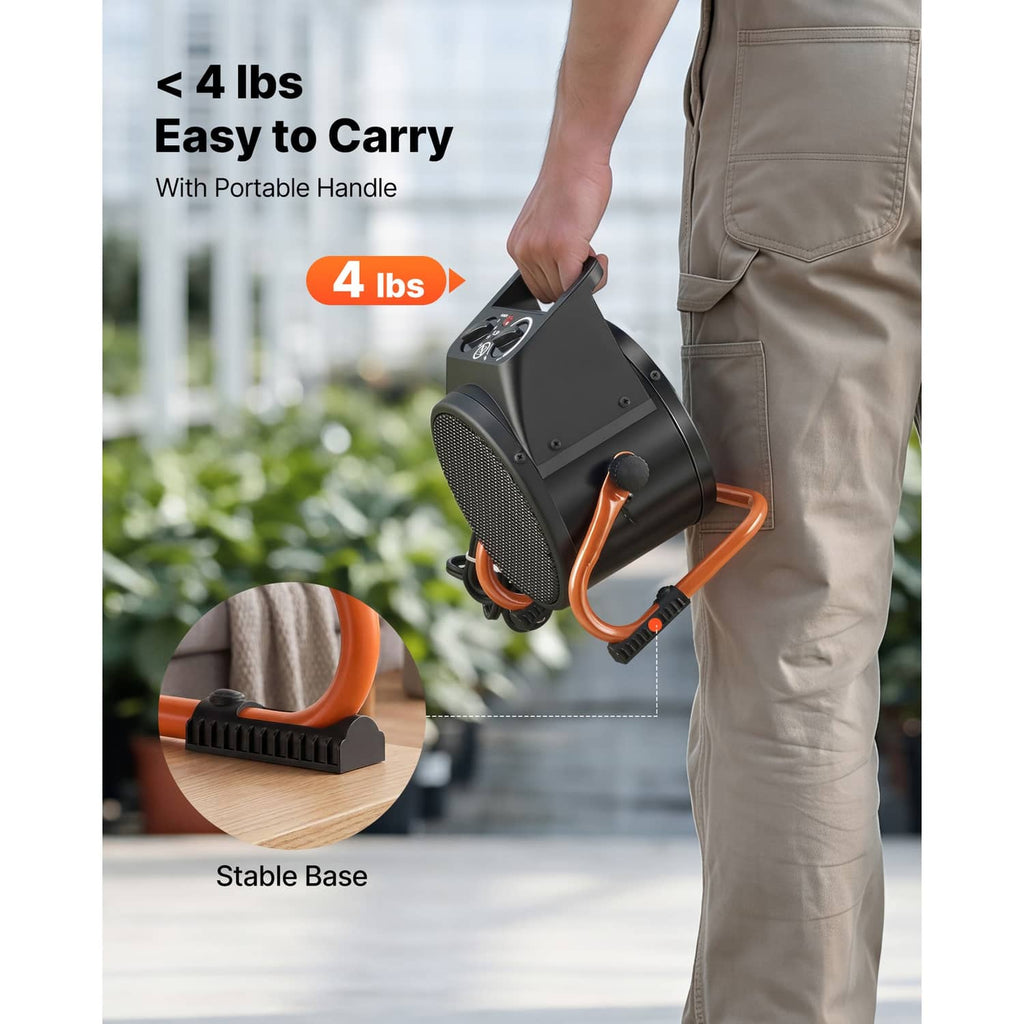 Electric greenhouse heater held by handle, showing front grill and orange base feet