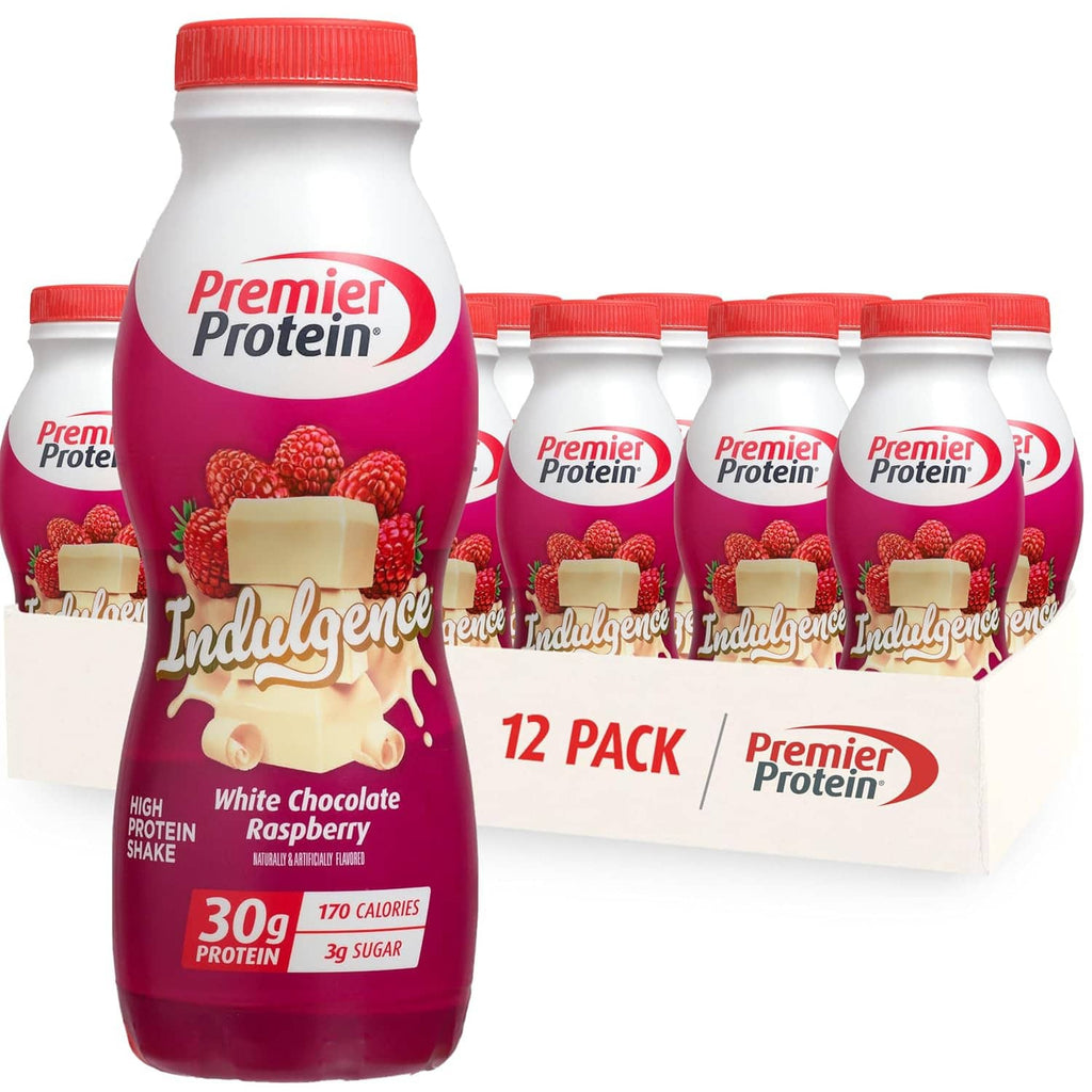 Premier Protein Indulgence protein shake 12-pack with white chocolate raspberry bottle in front