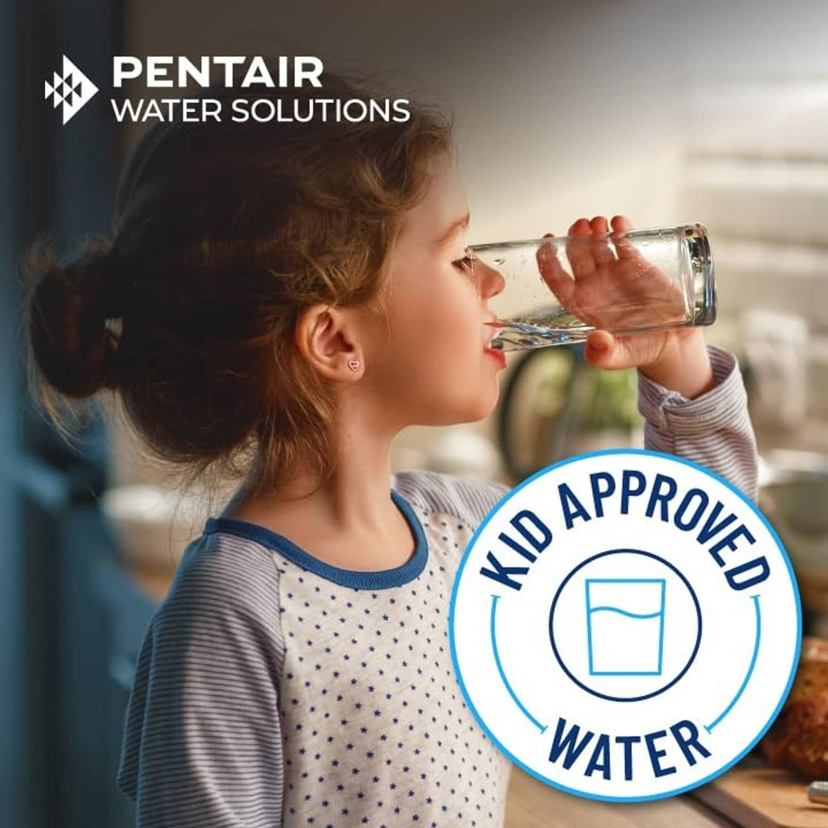 Kid approved water promotional graphic with person drinking for Everpure H-104 system