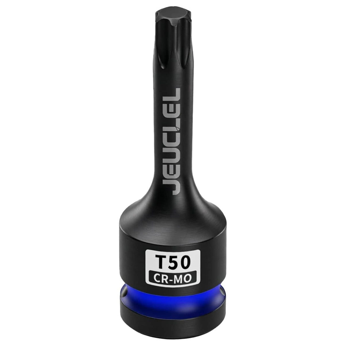 Black T50 Torx impact bit socket with blue ring, stamped CR-MO on the front