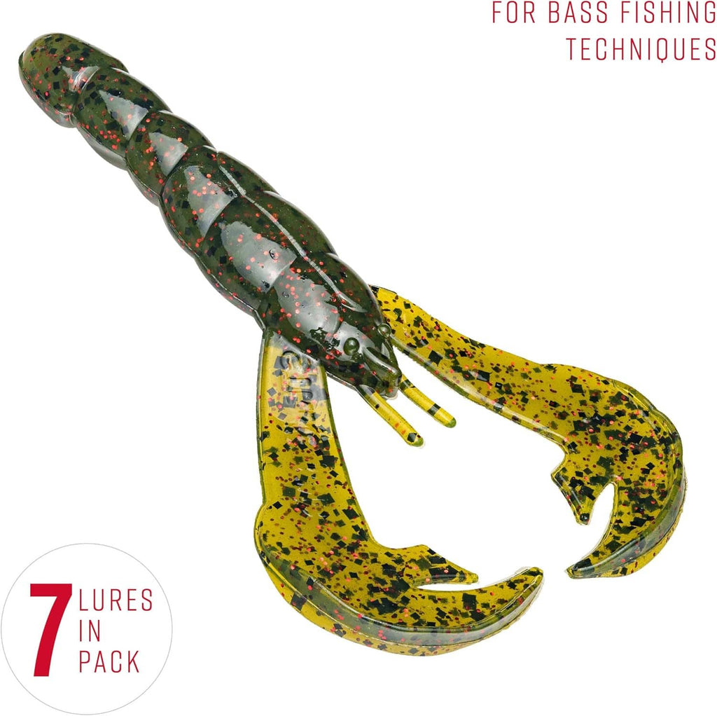 Soft plastic craw bait angled view, dark green segmented body with yellow speckle claws