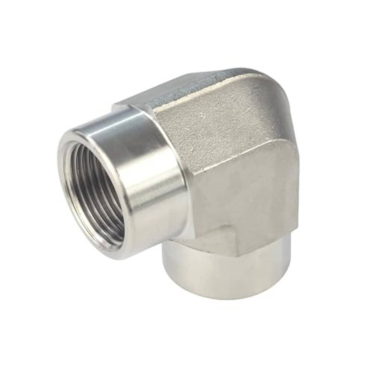 Stainless steel 90-degree elbow pipe fitting with external threads on the side port