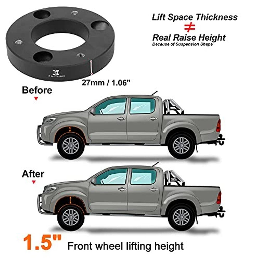 Front leveling lift spacer with 1.5-inch lift thickness, shown on a pickup truck