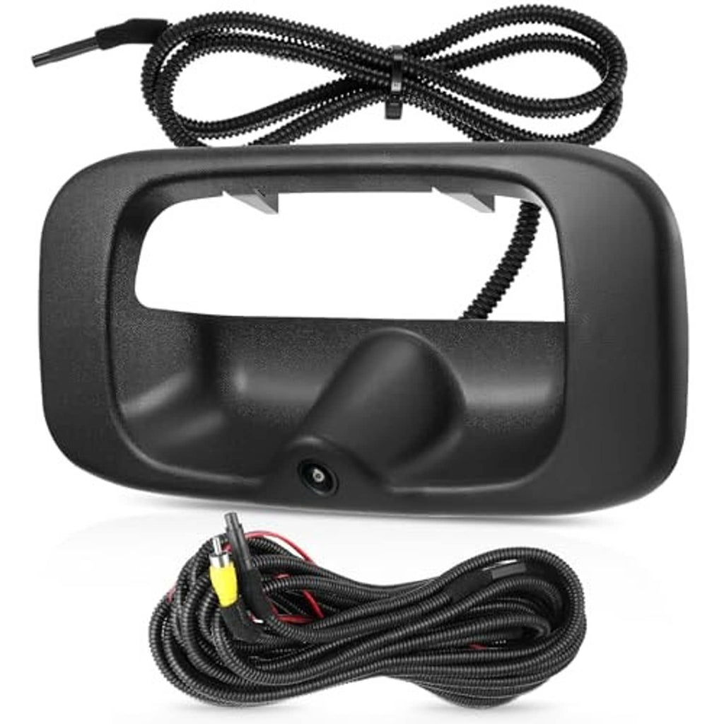 Tailgate handle backup camera in black with wiring harness and mounting lens