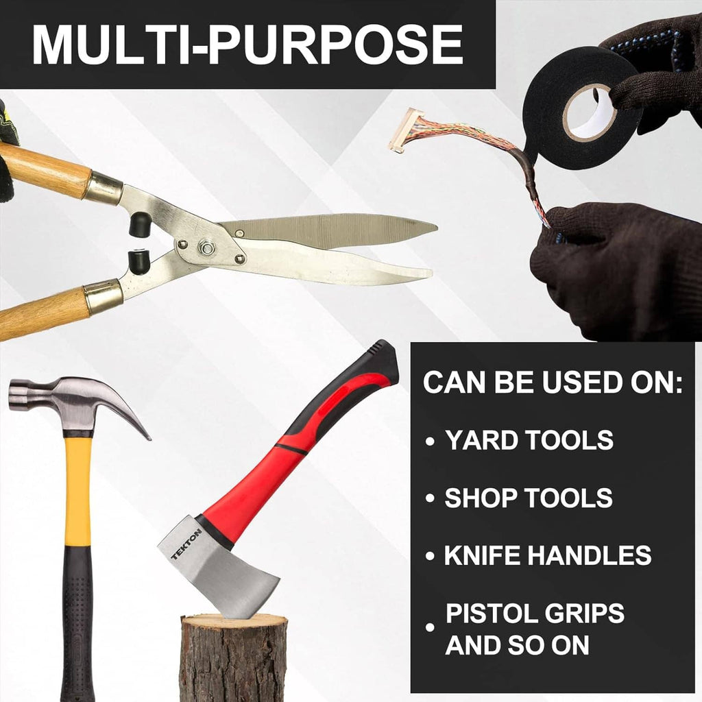 Black multi-purpose tape roll for tool grips, yard tools, and handle bundling