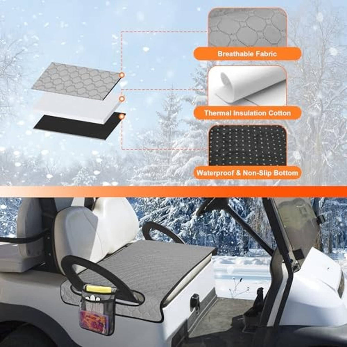 Grey patterned golf cart seat towel blanket fitted on a golf cart bench seat