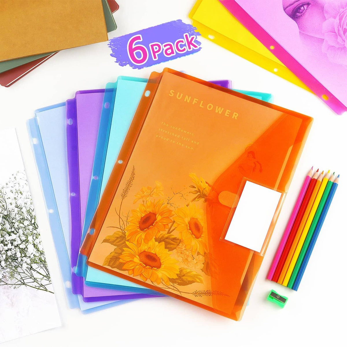 Colorful binder pocket folders in a 6-pack, featuring a white label window on each pocket