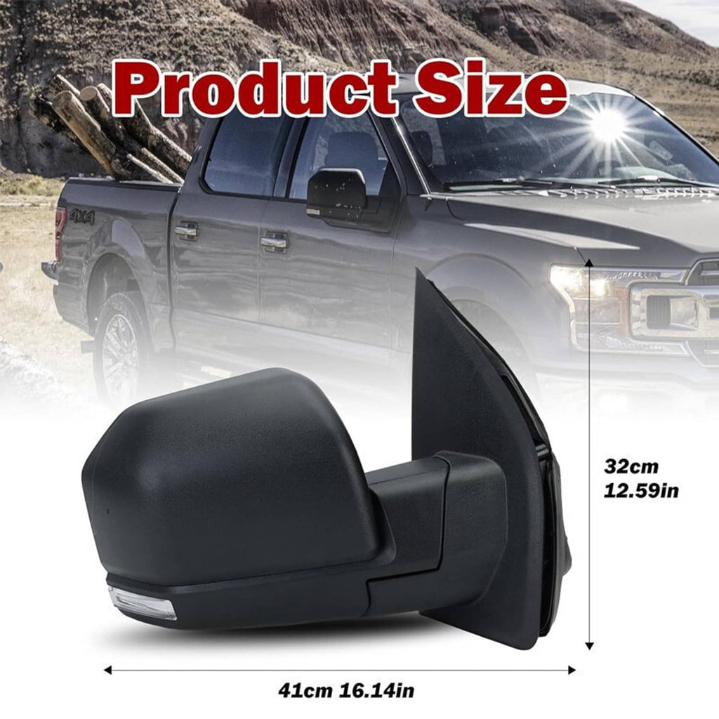 Black power side door mirror with clear glass panel and sturdy housing