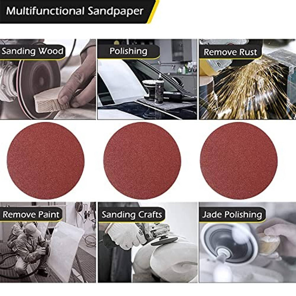 Multiple red circular sanding discs arranged in rows