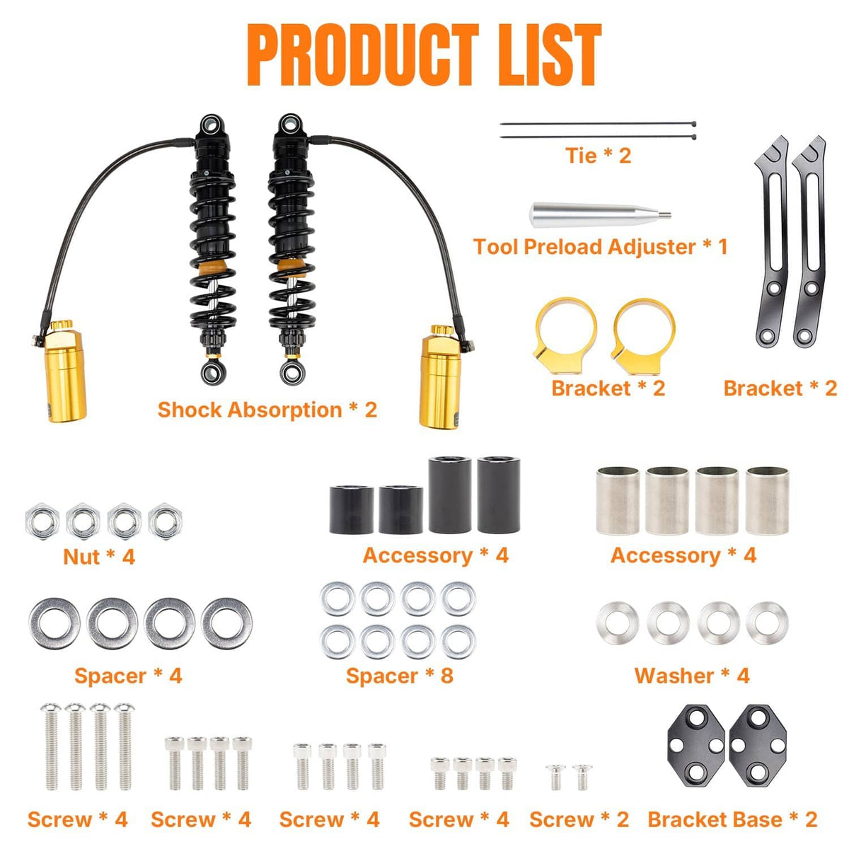 Rear shocks kit with two shocks, brackets, tools, spacers, and fastening hardware