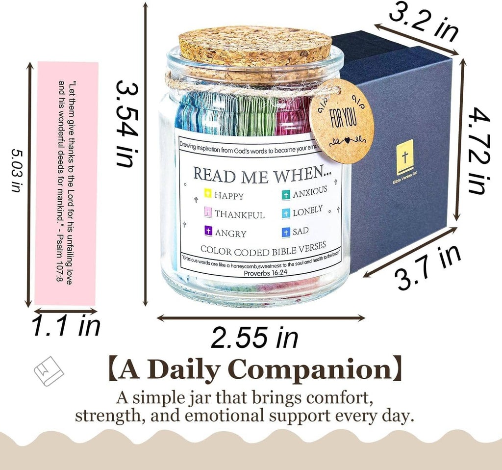 Bible verse jar with cork lid, 'Read Me When' label and product size measurements