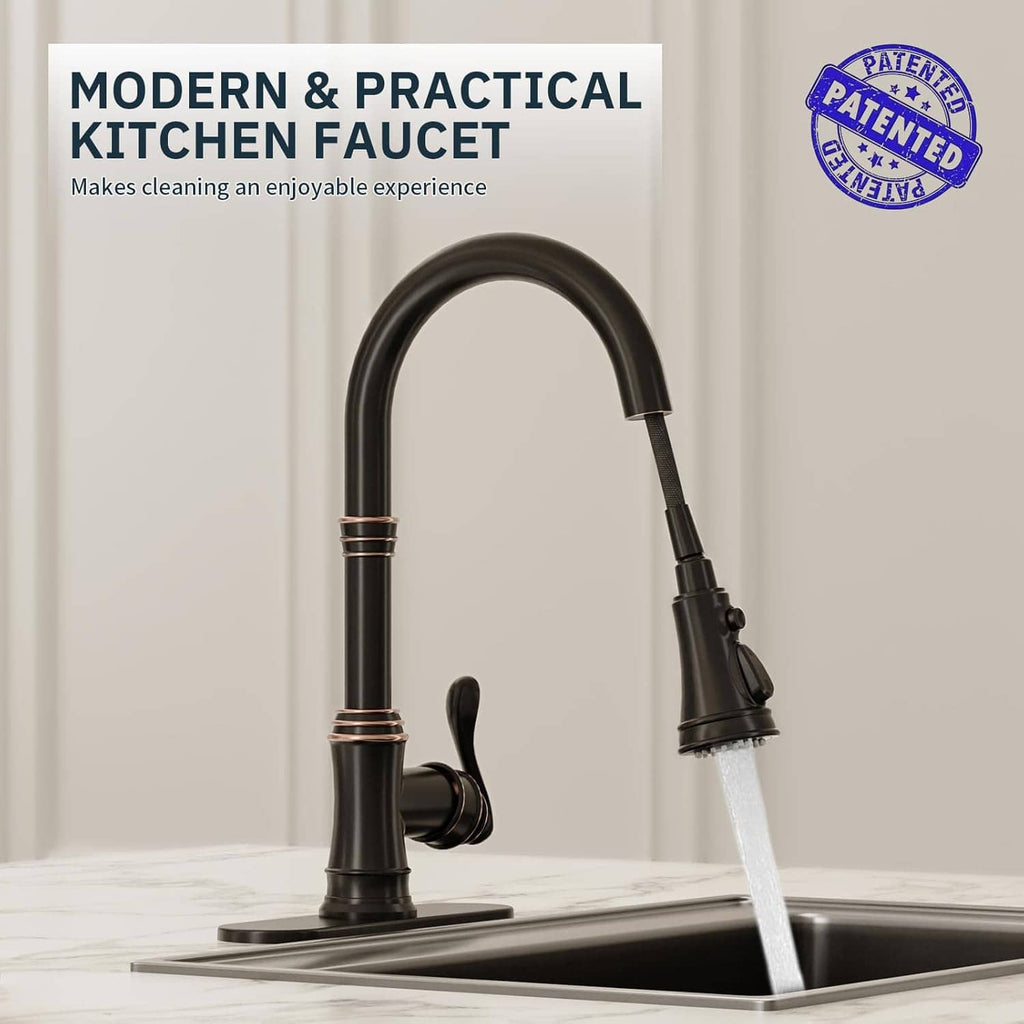 Matte black pull-down kitchen faucet with oil-rubbed bronze rings and handheld sprayer