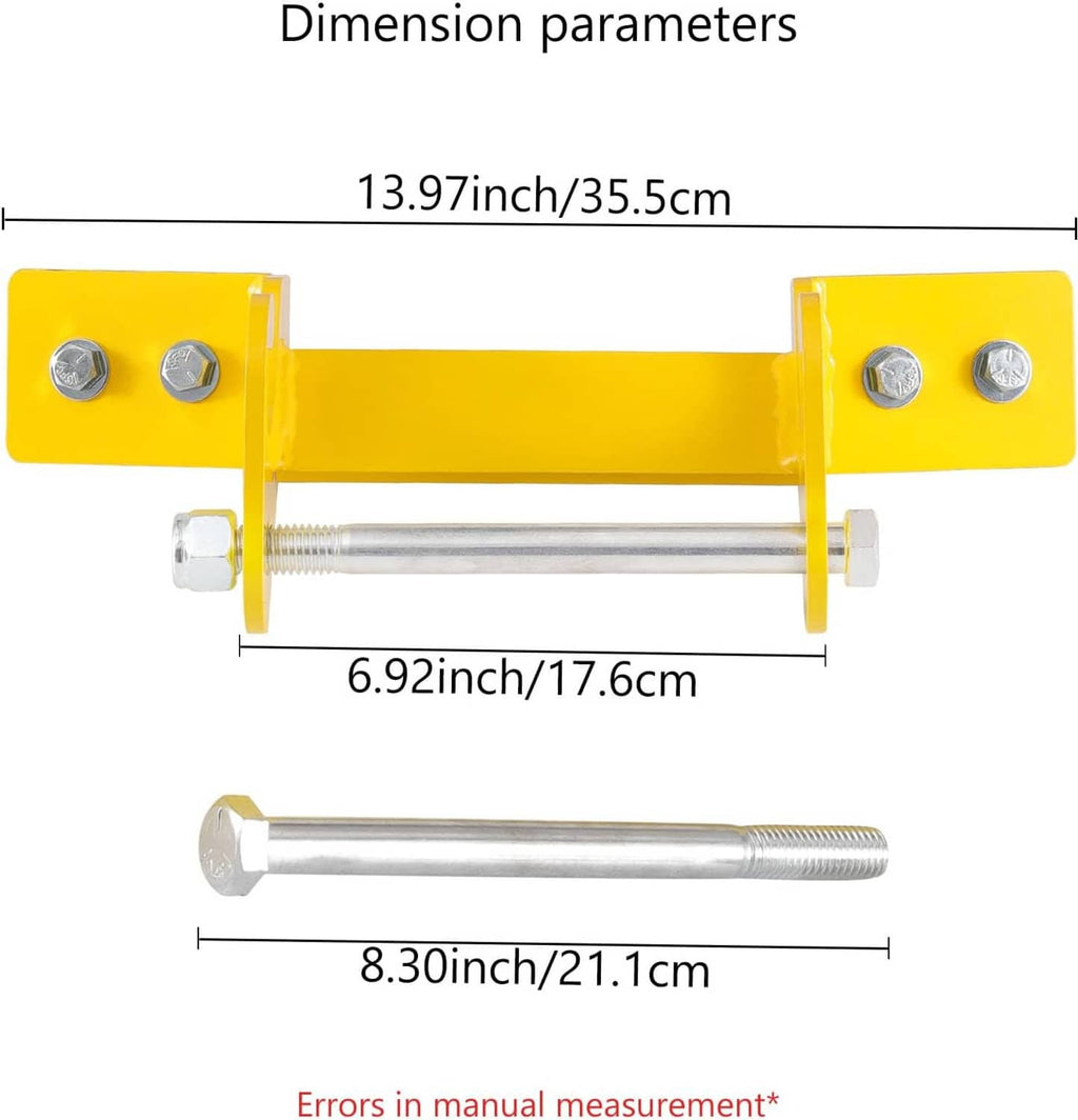 Yellow bracket repair kit with black roller, steel bolts, and size diagram