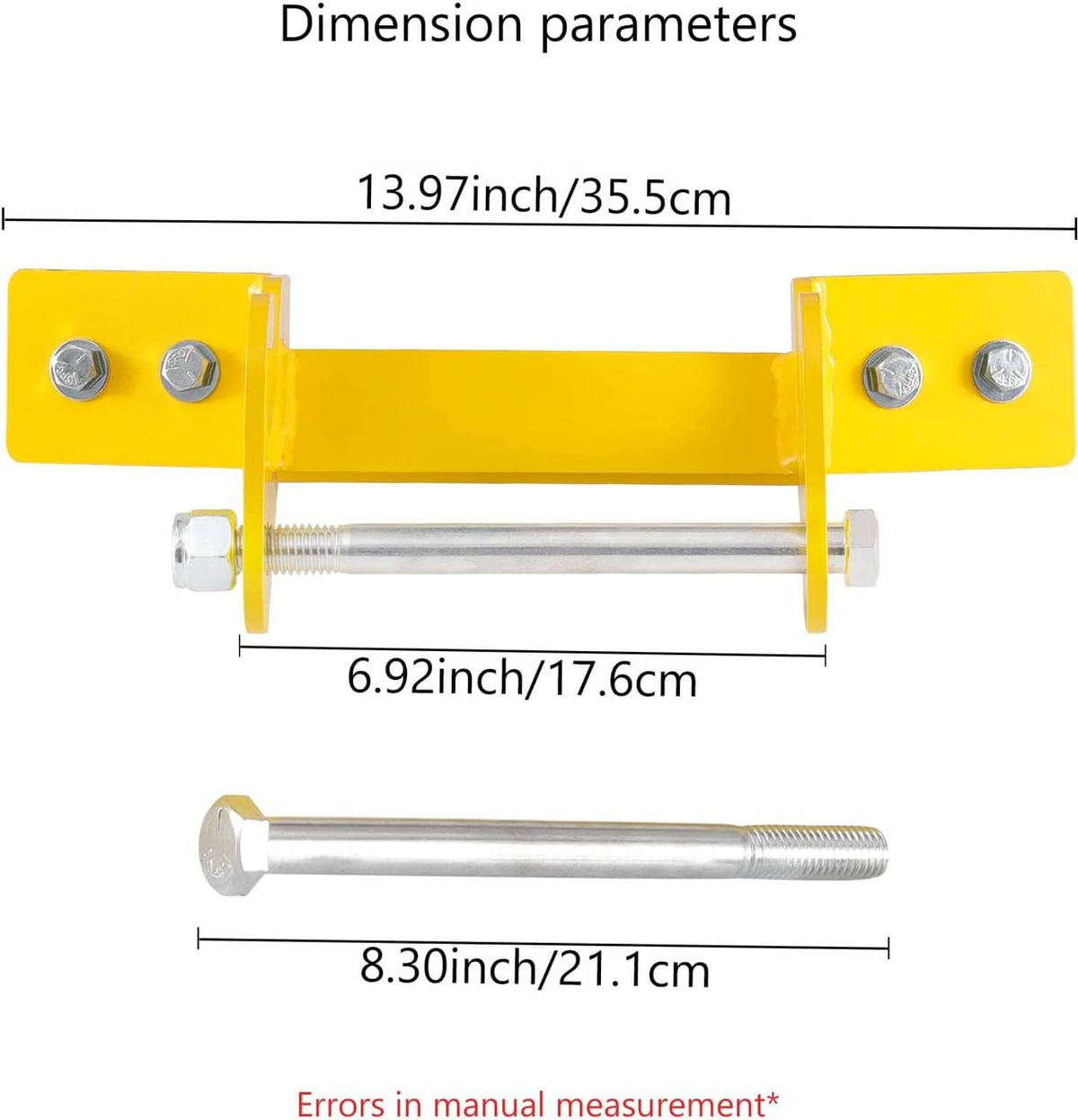 Yellow bracket repair kit with black roller, steel bolts, and size diagram